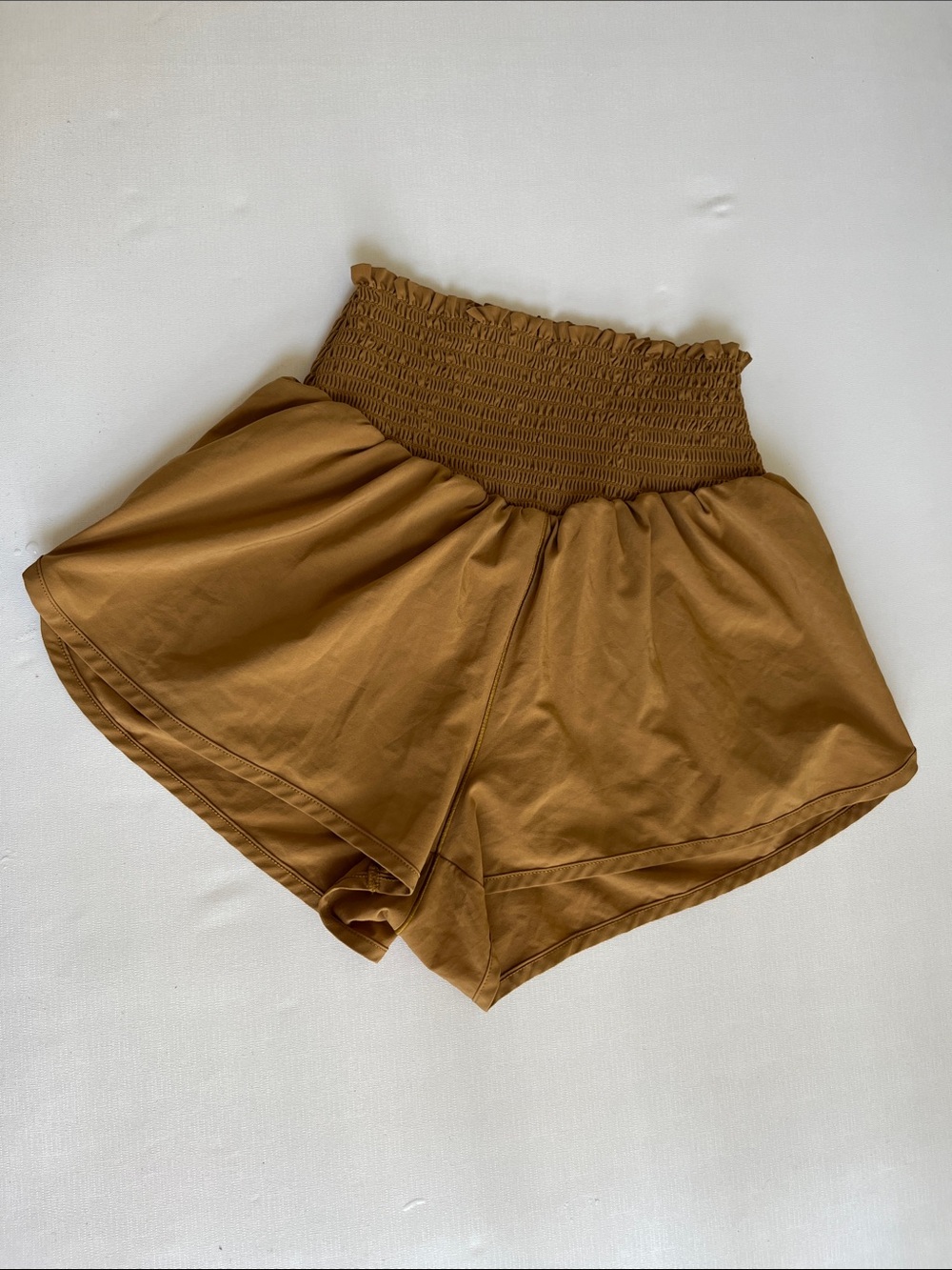 High-Waist Smocked Shorts in Camel Brown